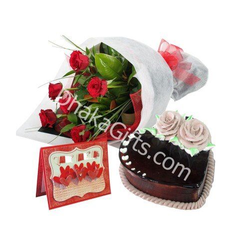 Send 6 Roses in Bouquet with Chocolate Cake to Dhaka in Bangladesh