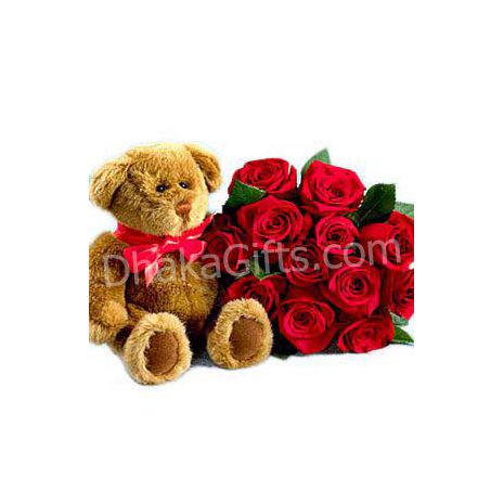 Send to 12 Red Roses with Lovely Brawn Teddy Bear to Dhaka
