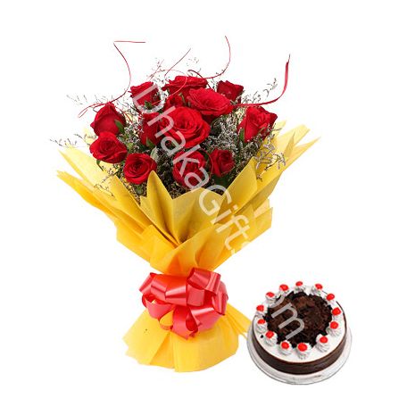 6 Red Roses in Bouquet with Cake to dhaka