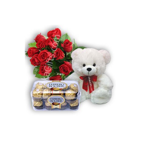 Send 12 Red Roses,Pink Bear with Ferrero Rocher Chocolate to Dhaka in Bangladesh