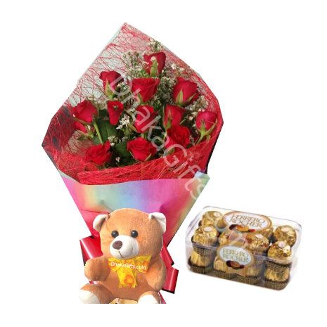 Send 12 Red Roses,Bear with Ferrero Rocher Chocolate