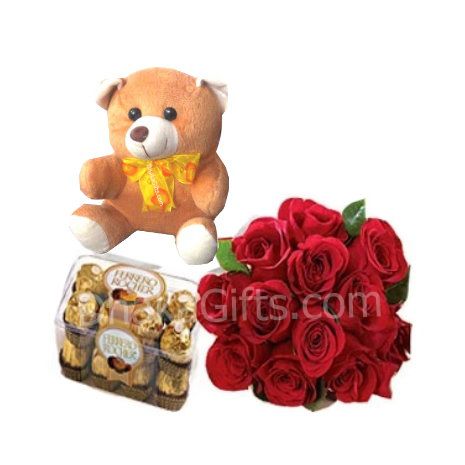 Send 12 Red Rose,Bear with Ferrero Rocher Chocolate