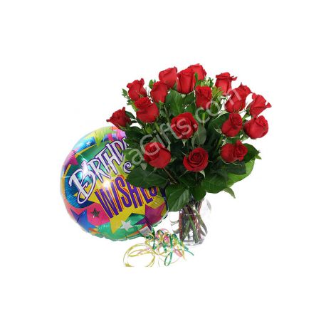 send 24 red rose vase with birthday balloon to dhaka in bangladesh