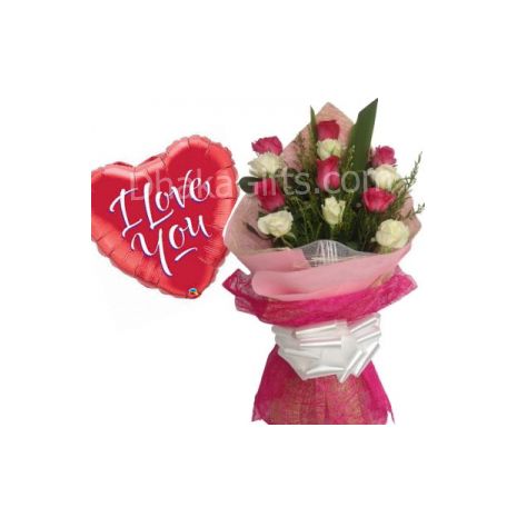 Send 12 Red & White color Roses in Bouquet with 1 I Love You Balloon to Dhaka in Bangladesh