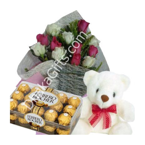 6 Mixed Roses Bouquet,White Bear with Ferrero Rocher Chocolate to dhaka