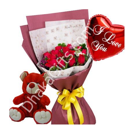 12 Mixed Roses Bouquet,Red Bear with Mylar to Dhaka
