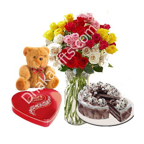 12 Mixed Flower,Brown Bear with Cake & Heart Ferrero to Dhaka