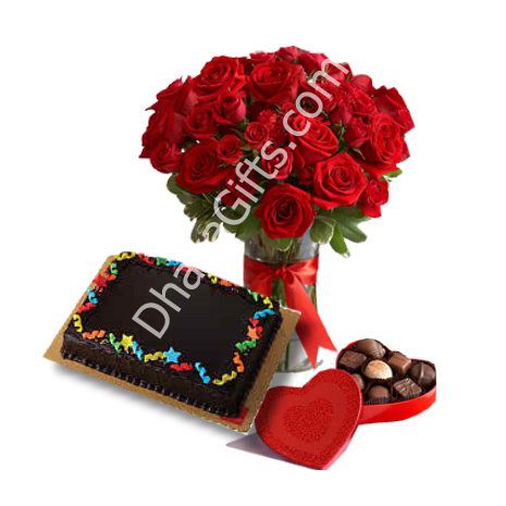 24 Red Roses in FREE Vase, Cake with Heart Ferrero to Dhaka