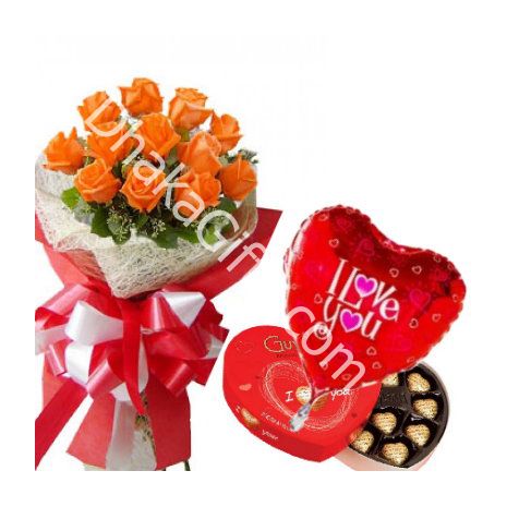 Send 12 Orange Roses Bouquet,Heart Ferrero with Balloon to Dhaka