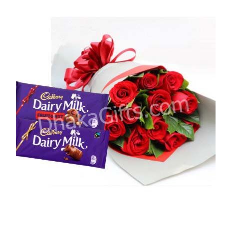 Send to 12 Red Roses Bouquet with Dairy Milk Chocolate to Dhaka