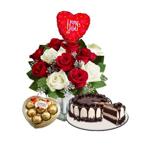 Send to 12 White & Red Roses In FREE Vase, Cake with Ferrero Heart Shape Chocolate & Balloon to Dhaka