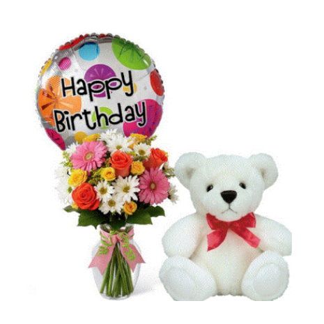 Send to Mixed Flower in FREE Vase,White Bear with Mylar to Dhaka