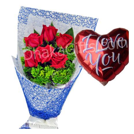 send to 6 red roses in bouquet with i love you balloon to dhaka