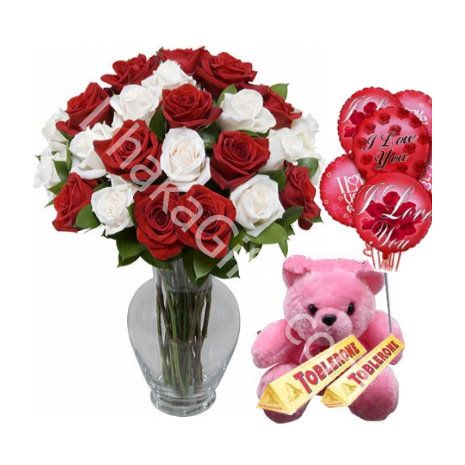 Send to 24 Mixed Roses in FREE Vase,Pink Bear,Toblerone Milk Chocolate with I Love U Balloon to Dhaka