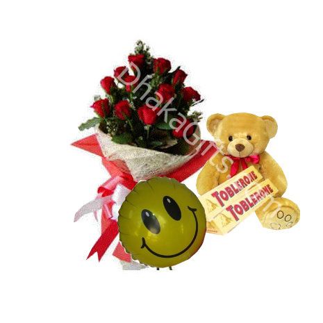 Send to 12 Pink Roses Bouquet,Bear,Toblerone Milk Chocolate with Balloon to Dhaka
