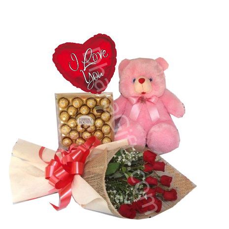 Send to 6 Red Roses Bouquet,Bear,Ferrero Rocher Chocolate Box with I Love U Balloon to Dhaka