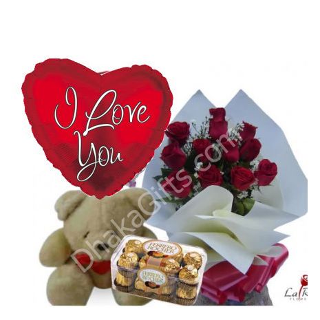 Send to 12 Red Roses Bouquet,Bear,Ferrero Rocher Chocolate Box with I Love U Balloon to Dhaka