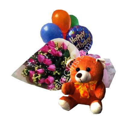 send to 12 mixed roses in bouquet,bear with happy birthday balloon to dhaka