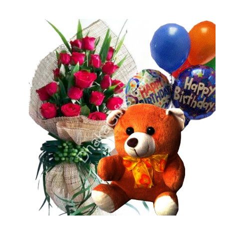 Send to 12 Red Roses in Bouquet,Brawn Bear with Happy Birthday Balloon to Dhaka