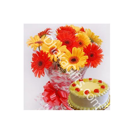 Send Yellow & Orange Gerberas with Pineapple Cake to Dhaka