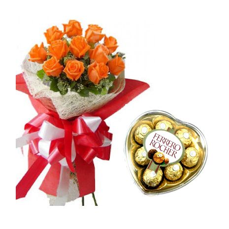 Send to 12 Orange Roses Bouquet with Heart Ferrero Chocolate to Dhaka
