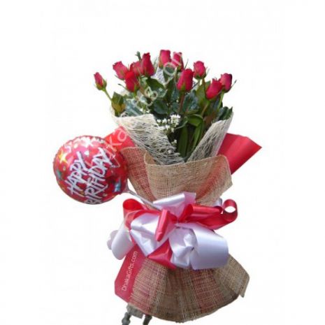 Send to 12 Roses in Bouquet with Happy Birthday Balloon to Dhaka