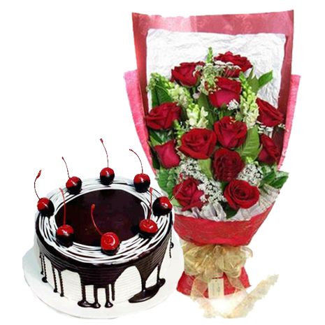 12 Red Roses with Black Forest Cake by Skylark