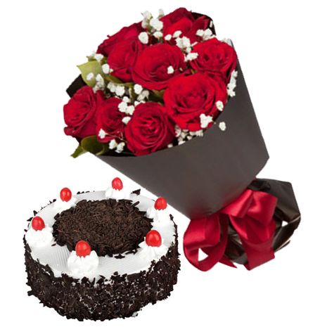 12 Red Roses with Black Forest Cake By Well Food