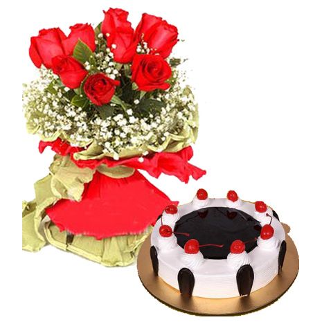 6 Red Roses with Black forest Cake by Tasty Treat Cake