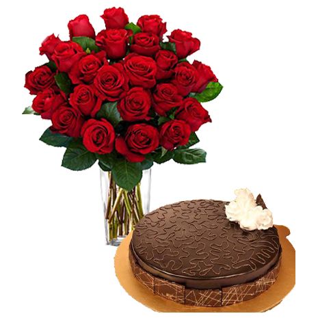24 Red Roses with Chocolate Coated Cake by Tasty Treat