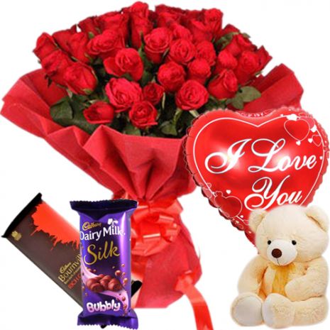 24 roses with chocolates,mylar balloon & small cute bear