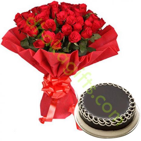 24 Red Roses Bouquet with Chocolate Round Cake