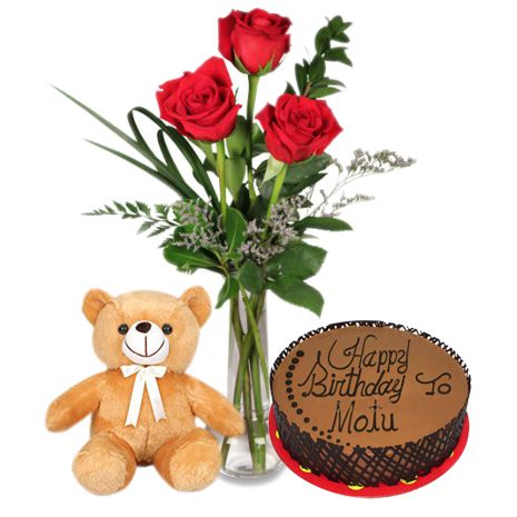 3 Red Roses with Small Teddy and Chocolate Dust Cake