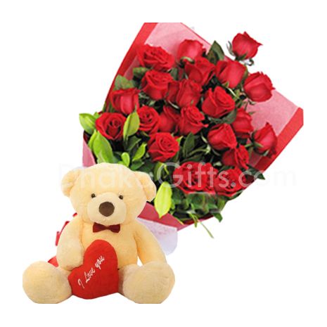 24 Red Roses Bouquet with Small love Bear