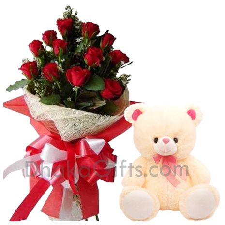 12 Red Roses in Bouquet & Lovely Teddy Bear