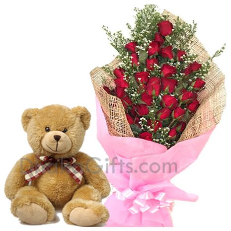 24 Red Roses Bouquet with Cute Medium size teddy Bear