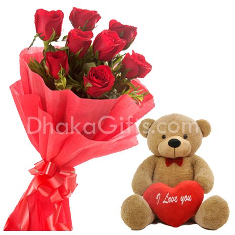 8 Red Roses Bouquet with teddy Bear