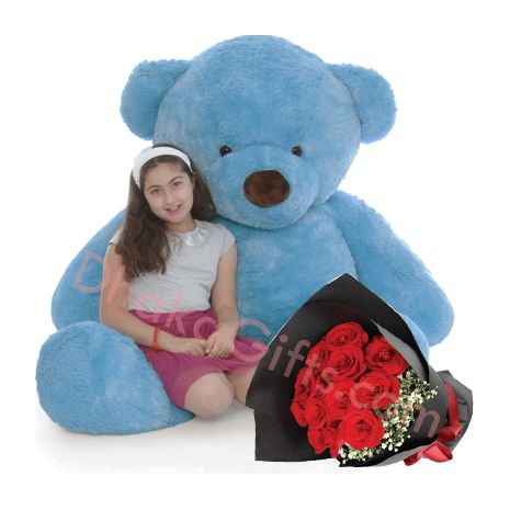 12 Red Roses Bouquet with 5 Feet Big Bear