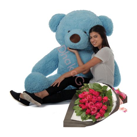 24 Red Roses Bouquet with 5 Feet Giant Bear