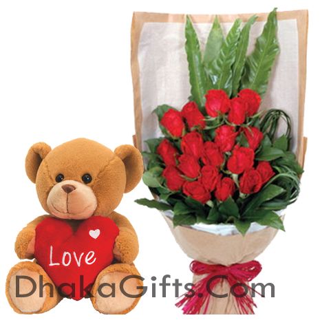 24 Red Roses in Bouquet with love teddy Bear