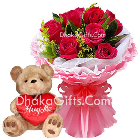 8 Red Roses Bouquet with Medium teddy Bear