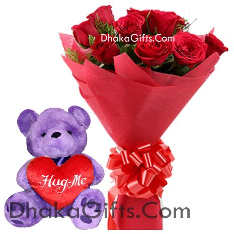 Send 12 Red Roses with FREE vase & Lovely Teddy Bear to Dhaka in Bangladesh