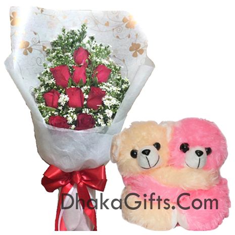 Send 12 Red Roses w/Teddy Bear to Dhaka in Bangladesh
