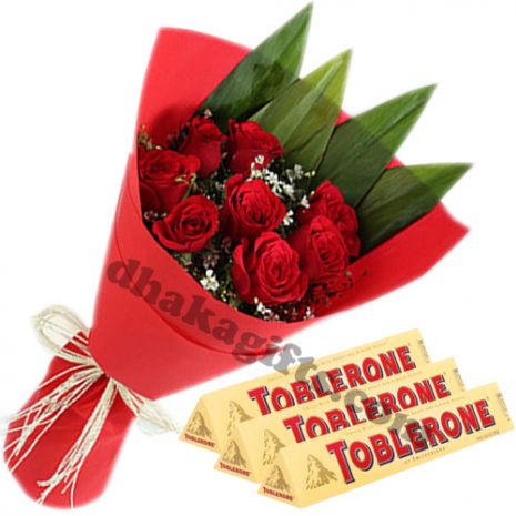 8 Red Roses in Bouquet With Toblerone milk Chocolate
