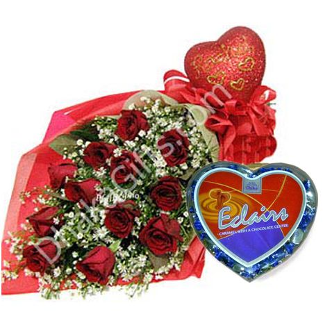 send eclairs chocolate in heart shape box with red roses to dhaka