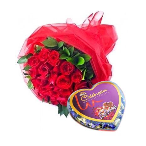 send eclairs chocolate in heart shape box with red roses to bangladesh