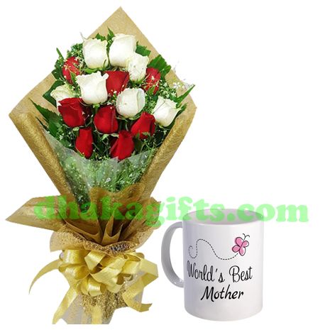 send 12 red roses with mother's day gift mug to dhaka