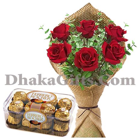 16 pieces ferrero chocolates with 6 red roses bouquet to philippines