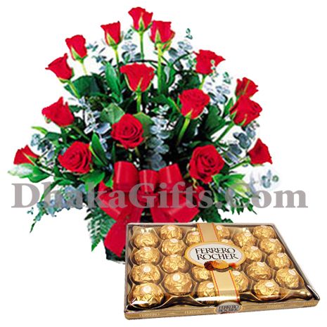 12 pieces red rose with 16 pieces ferrero rocher chocolate to philippines
