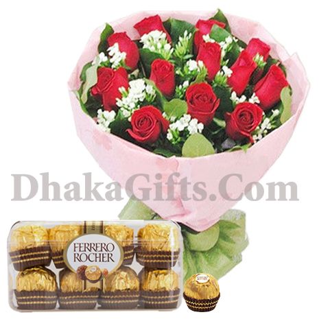 16 pieces ferrero chocolates with 12 red roses bouquet
